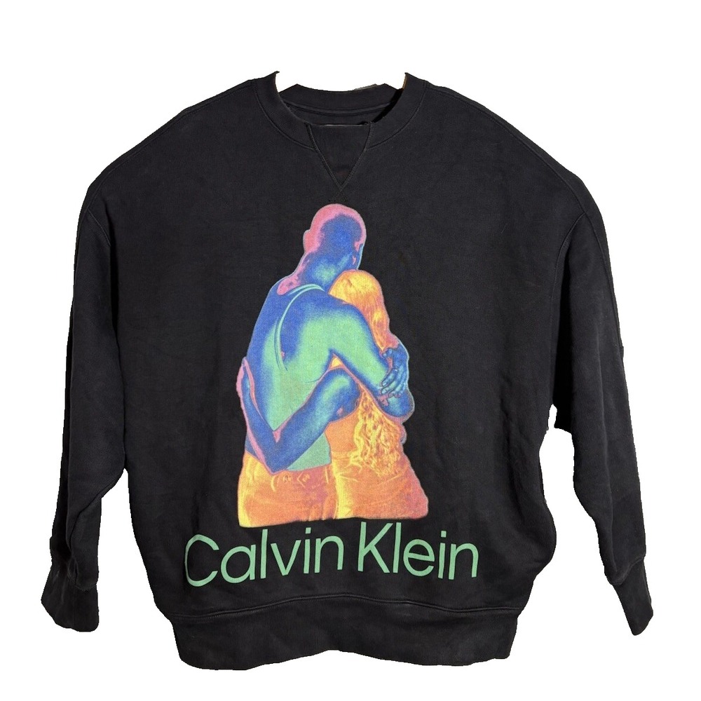 Calvin Klein Crewneck Sweater Men M Black Boxy Oversized Graphic Sweatshirt